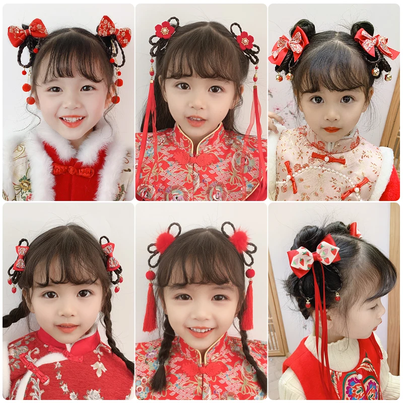 2 Pcs/Set Children Cute Chinese Knot Wig Pendant Ornament Hair Clips Girls Lovely Sweet Barrettes Hairpins Kids Hair Accessories