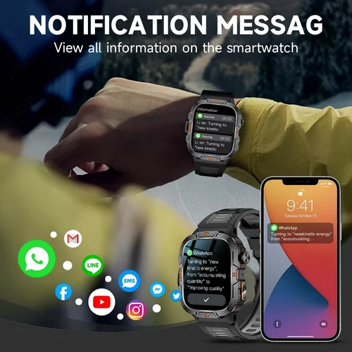 Imagen 2 del producto Reloj inteligente LIGE nuevo, militar, con Bluetooth, llamadas, deportivo, linterna LED, pantalla HD de 1.96 pulgadas, monitor de salud, resistente al agua IP68, para hombre.