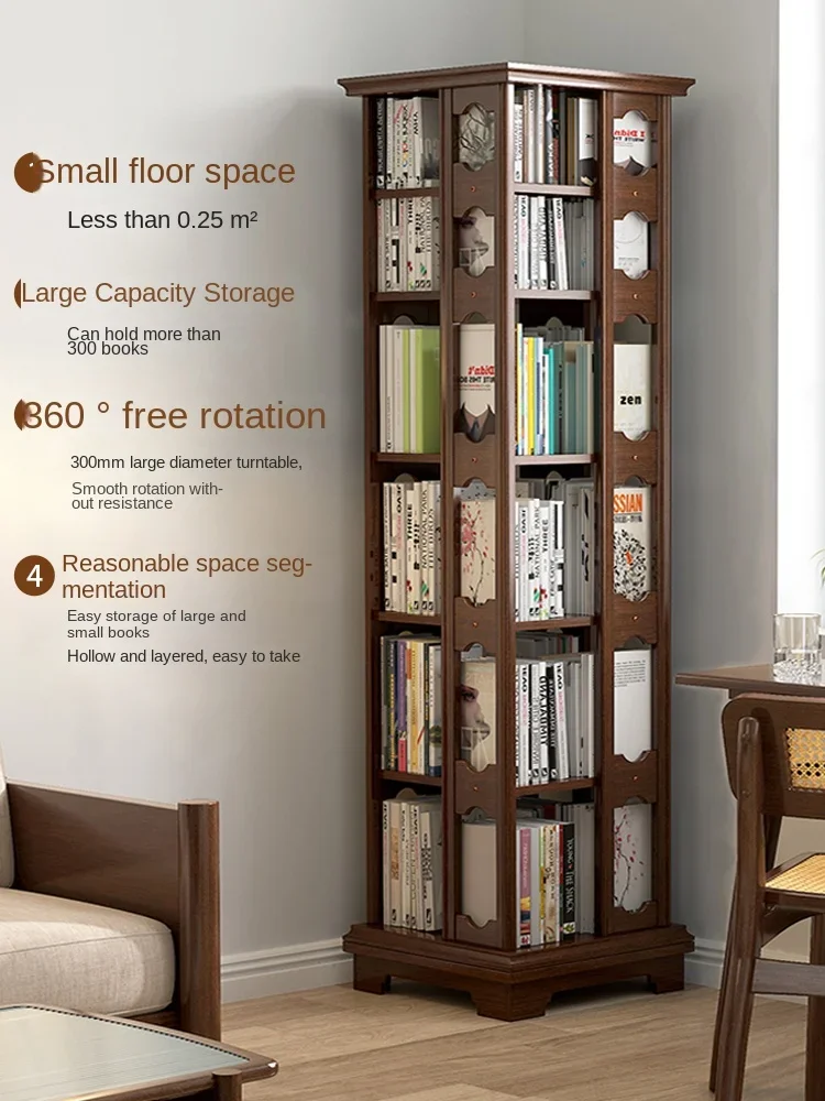 All-solid wood rotating bookcase 360-degree bookcase online celebrity storage home living room movable children floor shelf.