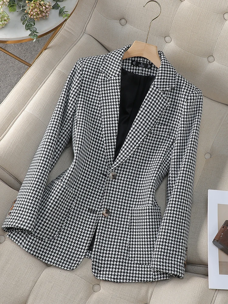 Gray Pink Coffee Plaid Women Blazer Ladies Long Sleeve Female Slim Casual Jacket For Autumn Winter