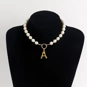 Collar de perlas para mujer, Gargantilla con letras iniciales del alfabeto inglés de bambú, A, B, C, D, E, F, G, H, I, J, K, L, M, N, O, P, Q, R, S, T, U, V, W, X Y Z