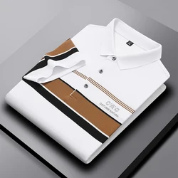 Summer New Silk Cotton Men's Breathable Polo Shirt Short sleeved Brand High end Fashion Exquisite Stripe Print Casual T-shirt