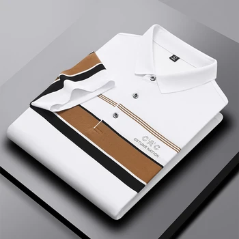 Summer new silk cotton men's breathable Polo shirt short sleeve brand High-end fashion elegant stripe print casual T-shirt