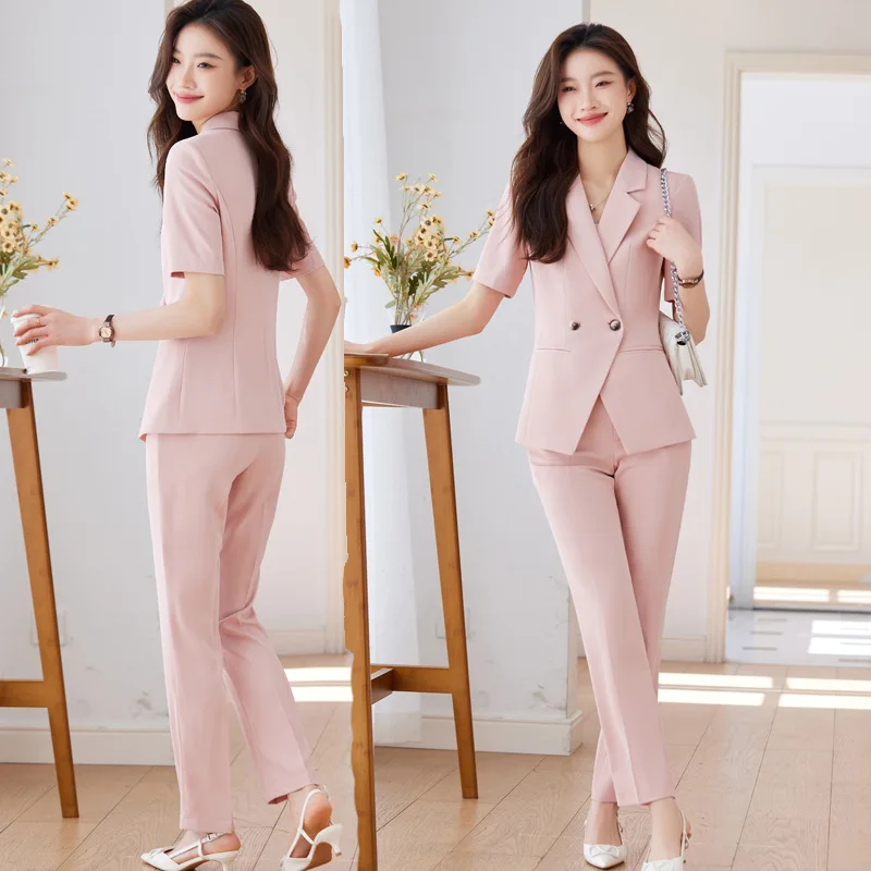 Pink Short Sleeve Suit Women's High Sense2024New Summer Small Suit Business Temperament Overalls