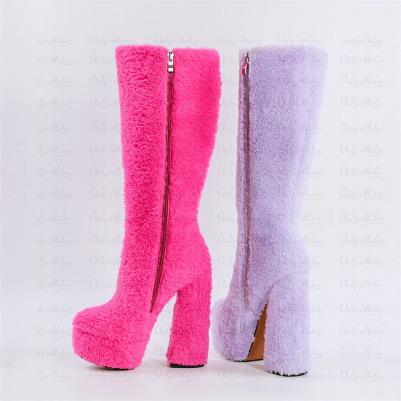 Onlymaker Women Rose Pink Platform Round Toe Chunky Heel Fluffy  Side Zip Lady  Knee High Fashion Boots