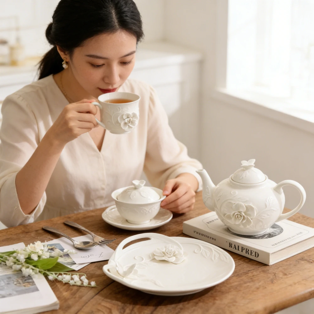 

Exquisite French-style Relief Hand-painted Ceramic Coffee Cup, Saucer and Pot Set,afternoon Tea Vintage Tableware Dessert Plate