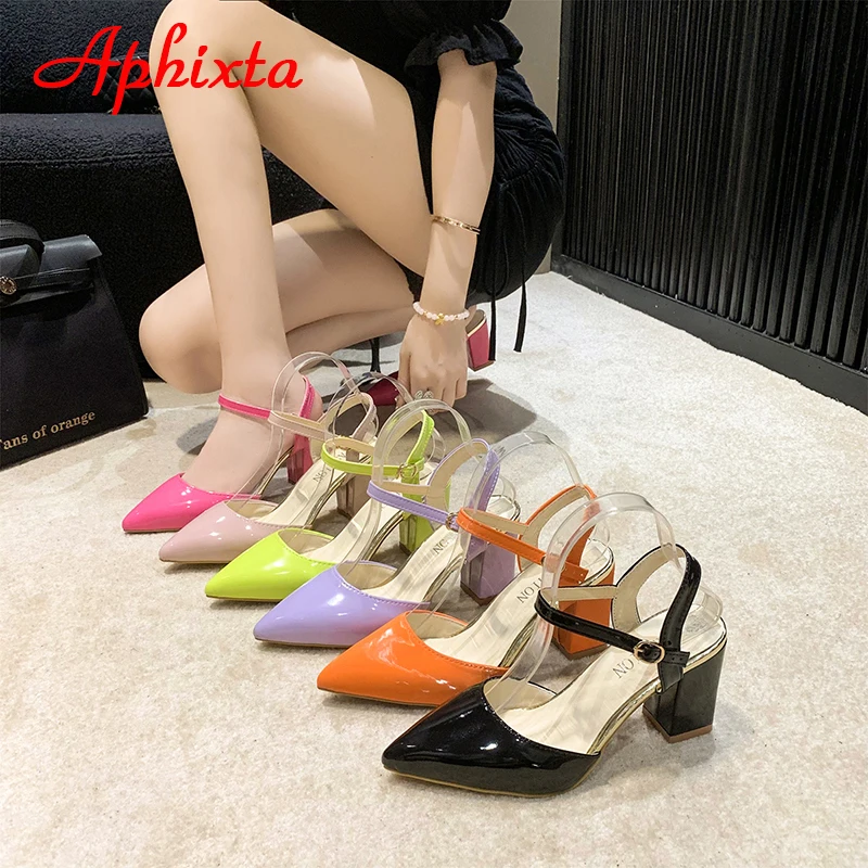 Aphixta Summer Hot Sale 7cm Square Heel Ankle Strap Pointed Toe Sandals Women Patent Leather Shoes Pimp Plus Big Size 46