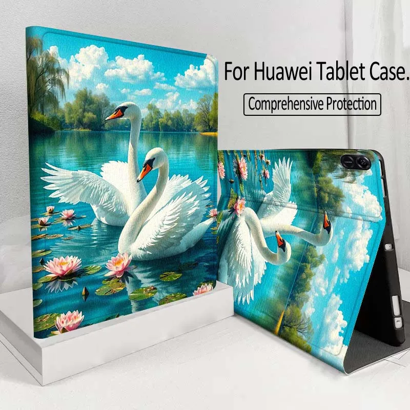 

White Swan Lake Lotus For Huawei MatePad M5 T5 SE 11 Pro Honor Tab 5 V7 V8 X9 GT 10.1 10.8 Inch Tablet Case Cover