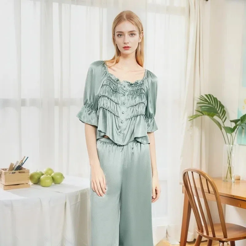 

Топ и брюки из 100% тутового шелка во французском стиле ретро, пижамная одежда для сна, женская шелковая пижама, костюм из двух предметов, корейская пижама