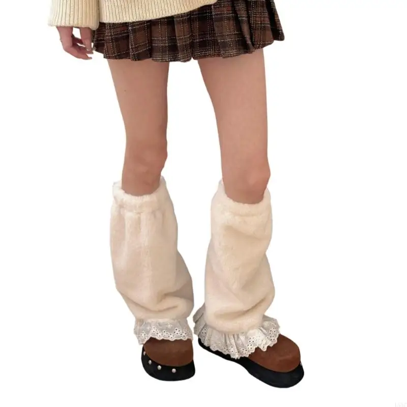 L5YC フリルレースフリースレッグウォーマーリボンアクセント冬のファッションレッグウェアアクセサリー