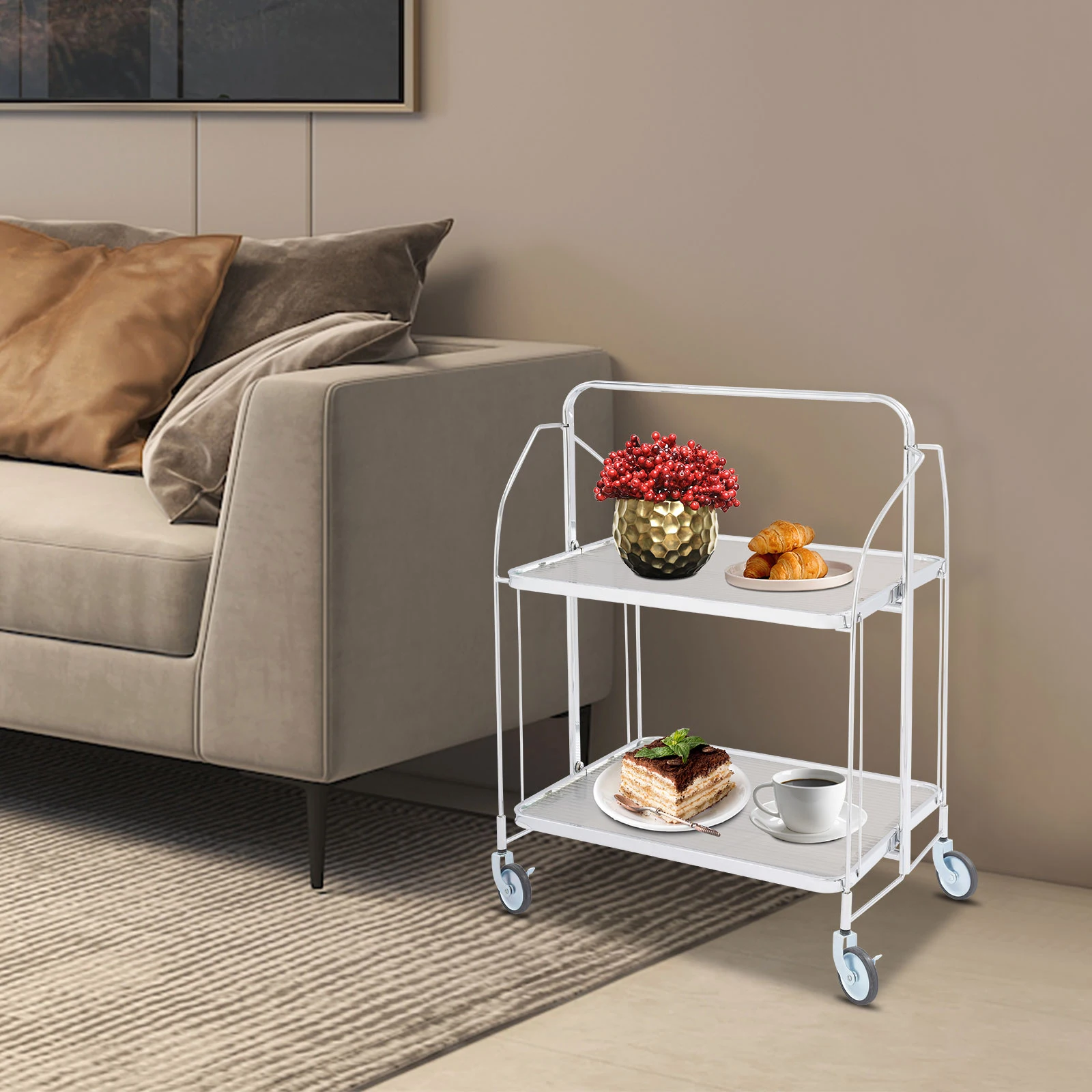 

Heavy-Duty Rolling Storage Cart with Brakes, 2-Tier Foldable Metal Kitchen Cart on Wheels, Mobile Organizer
