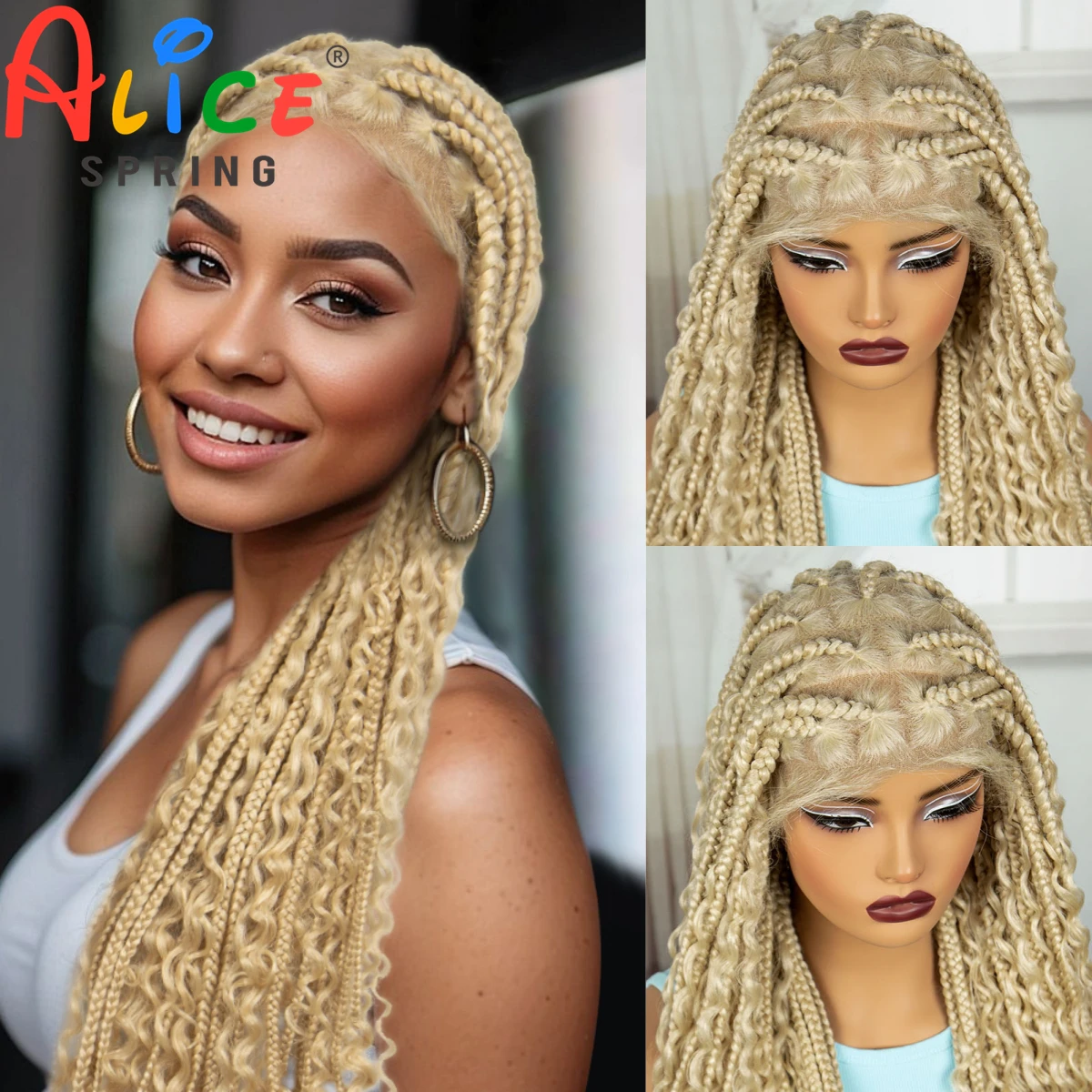 Full Lace Synthetic Braided Wigs Boho Box Braid Wig 36 Inch Braid Wig Square Knotless Braided Lace Wig with Curly Ends for Woman