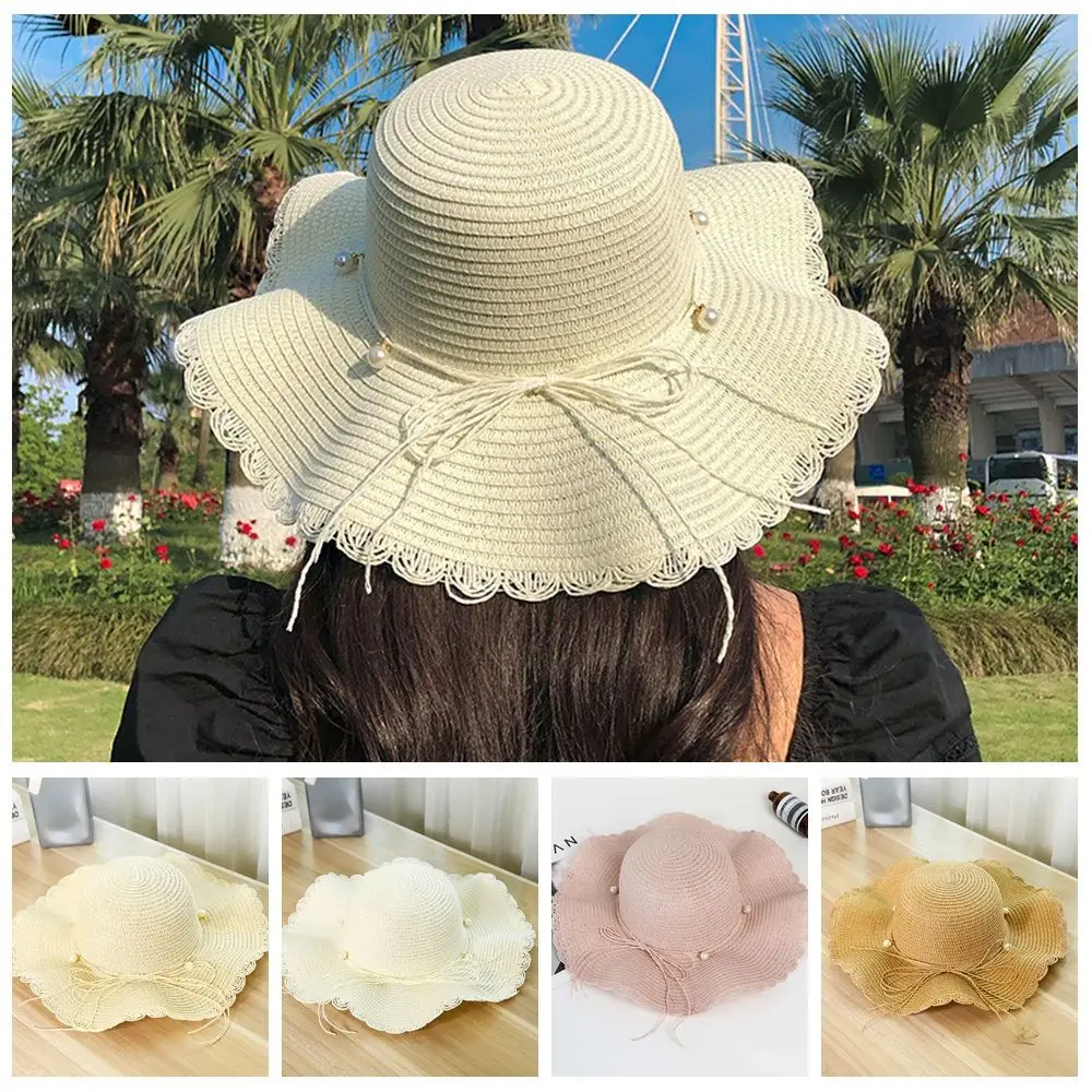

Fashion French Style Pearls Strap Straw Hat Spring Summer Wide Brim Folding Straw Hats Travel Beach Women's Sun Hat Outdoor