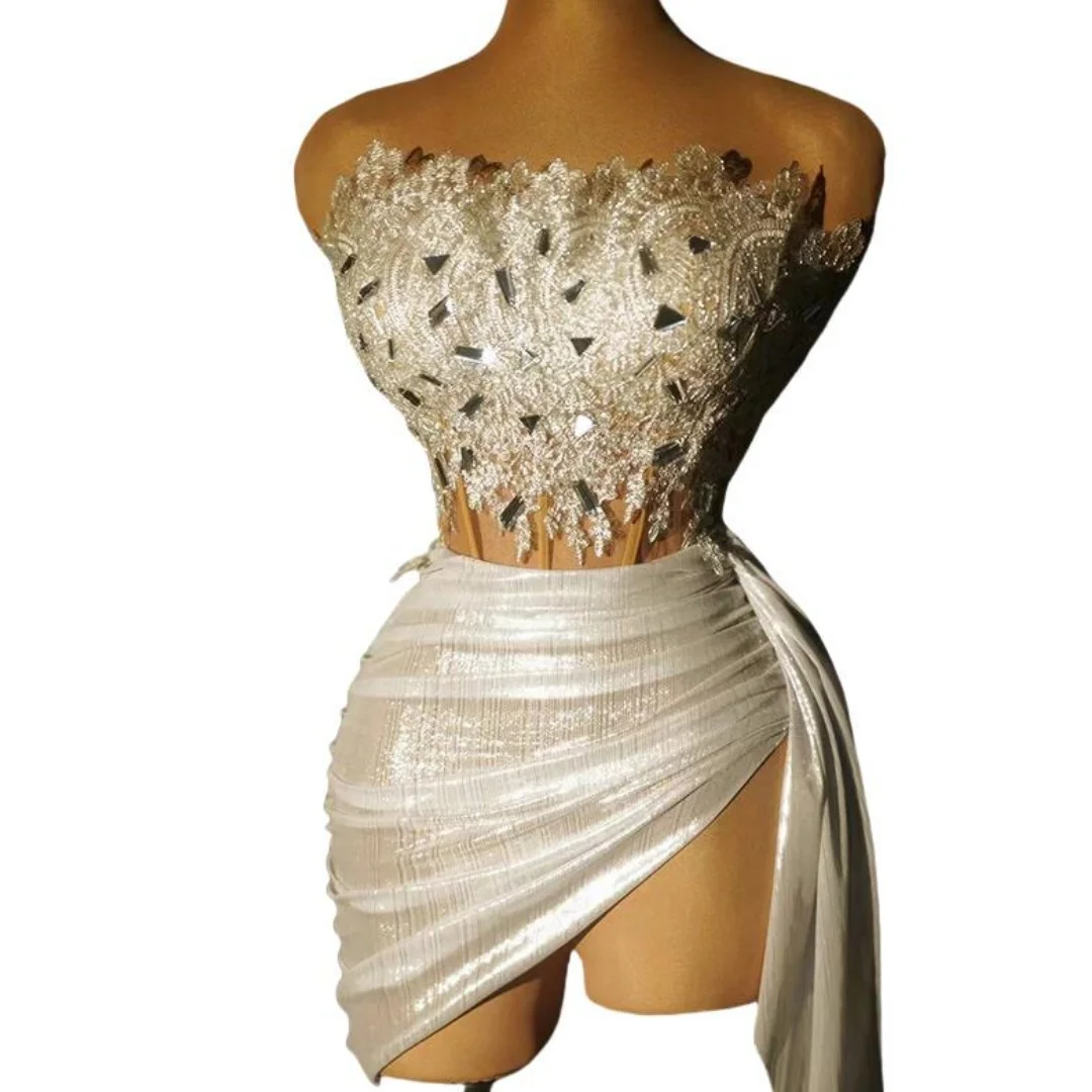 

Lace Strapless Cocktail Dresses Women Ruched Mini Skirt Short Prom Gowns Hollow Out Sexy Birthday Party Dress Customized