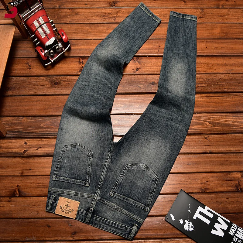 American Jeans Men Trendy Brands Hole & Patch Paste Cloth Embroidery Pu Shuai Skinny Stretch Slim Blue Long Pants