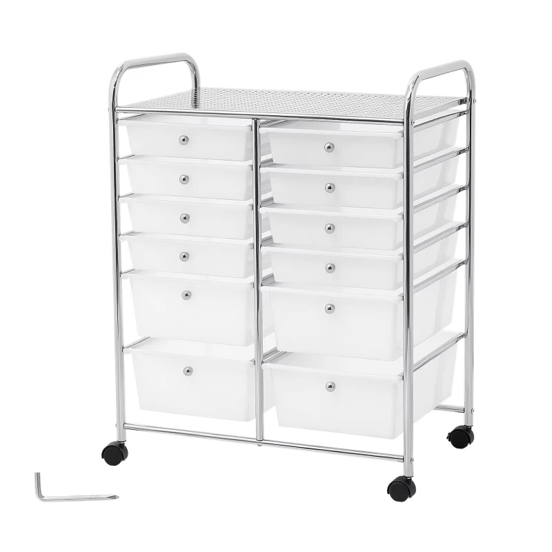 Rolling cart with 12 drawers, double row storage cart, mobile utility cart with chrome steel frame and wooden drawers