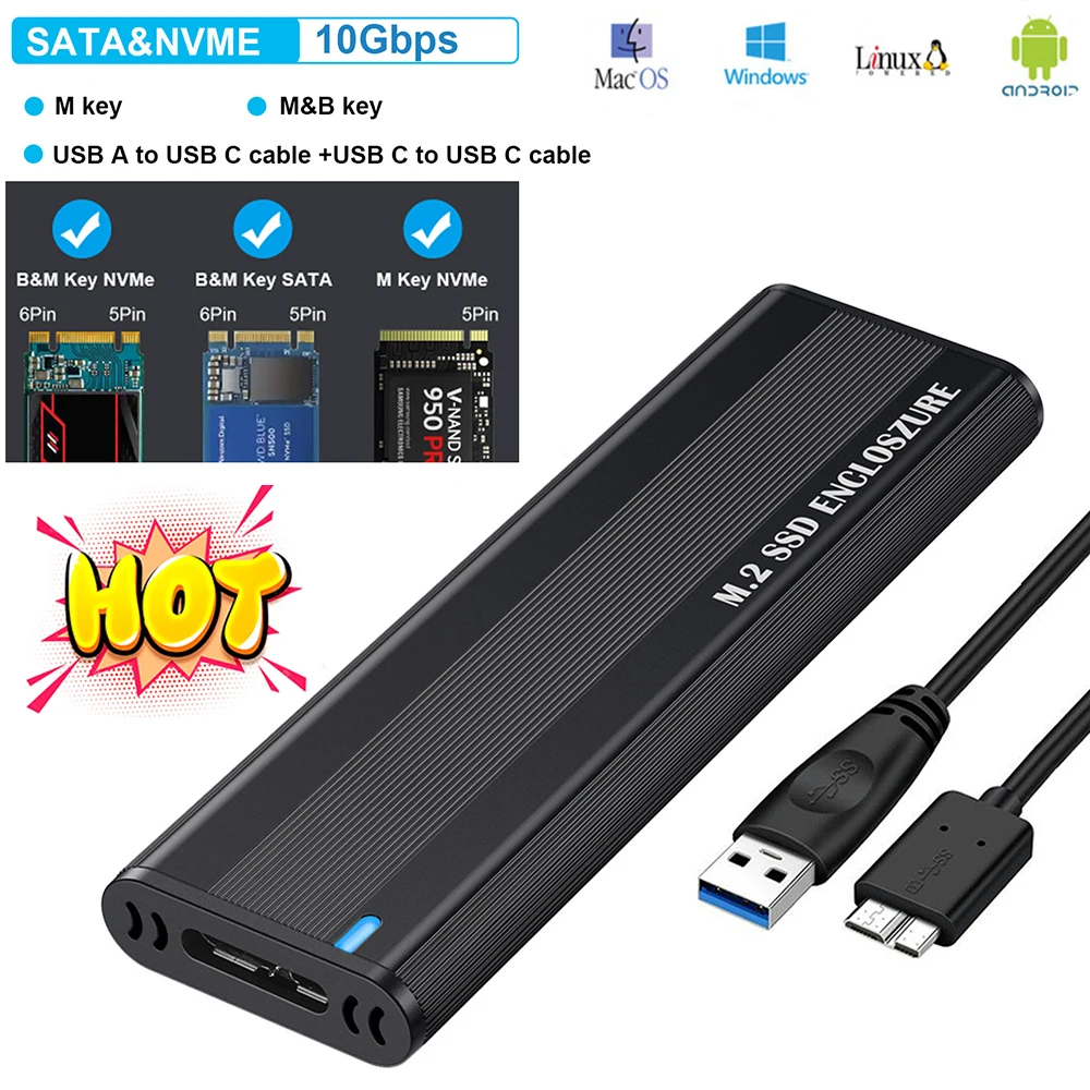 M.2 NVMe SSD Enclosure Dual Protocol NVME SATA M.2 to USB Type C 3.1 SSD Adapter 10Gbps for 2230/2242/2260/2280 M2 NGFF NVMe SSD