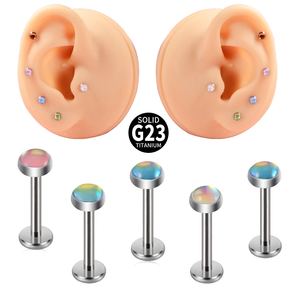 1PC100% G23 Titanium Flash Film Glitter Gem Lip Ring Flat Back Labret Stud Ear Tragus Cartilage Helix Earring Piercing Jewelry