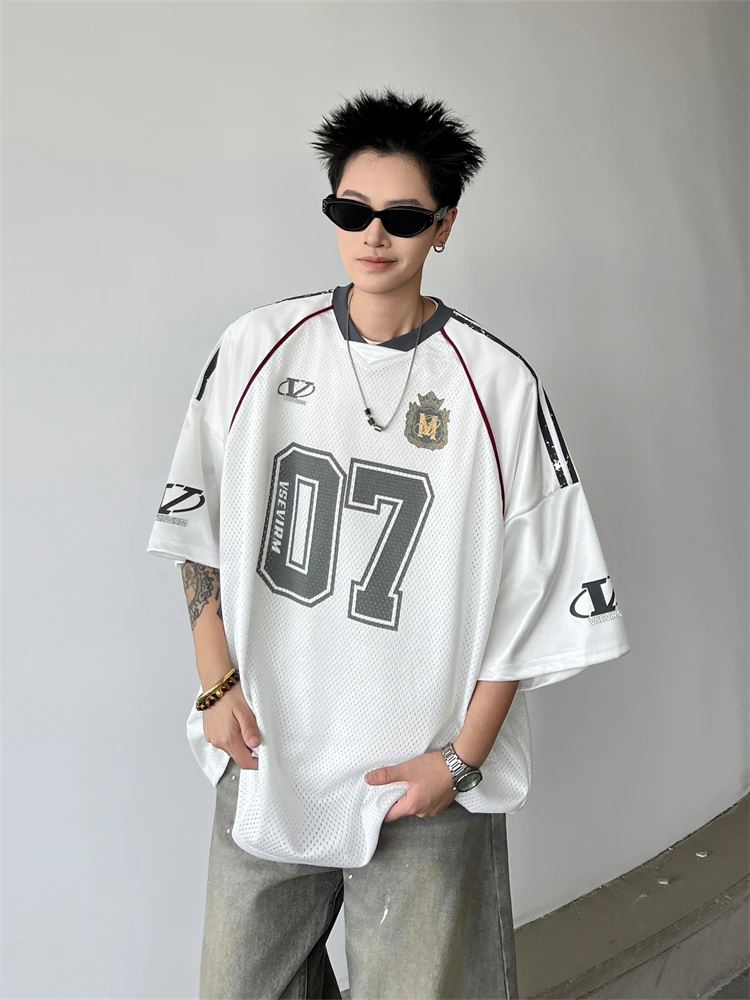 

Retro American Street fiti Rugby irt ort Sve Loose T-irt ex Summer Trendy f Sve Top for Youth