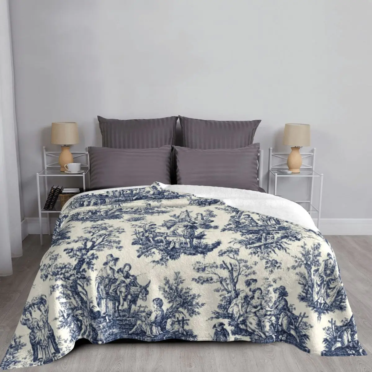 3D Print Vintage Toile De Jouy Blankets Breathable Soft Flannel Summer Navy Blue And White Throw Blanket for Sofa Car Bedroom