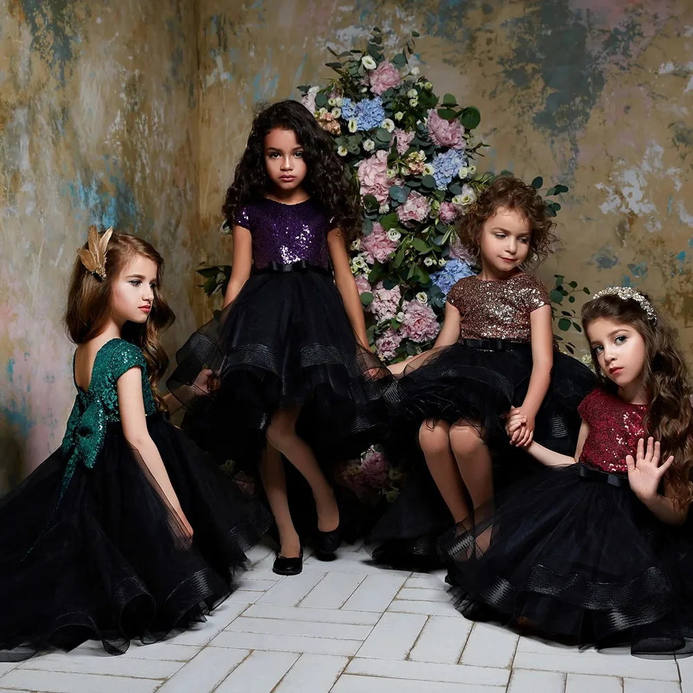 

Cascading Ruffles Flower Girls Dresses Simple Sequined High Low BrushTrail Pageant Gowns Black Bow Belt Birthday Party Dress