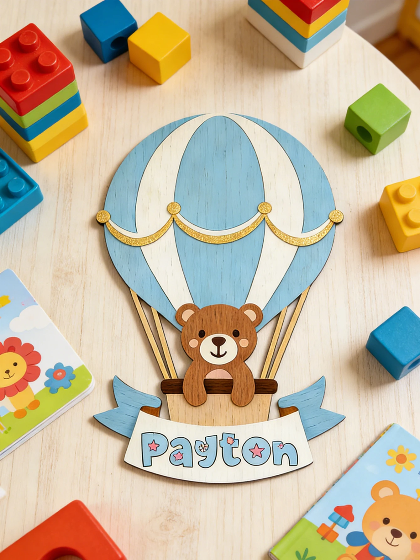 Custom Bear Hot Air Balloon Wooden Name Sign Banner Plaque Neutral Boy Nursery Wall Table Decor Newborn Bedroom Keepsake Gift image 5