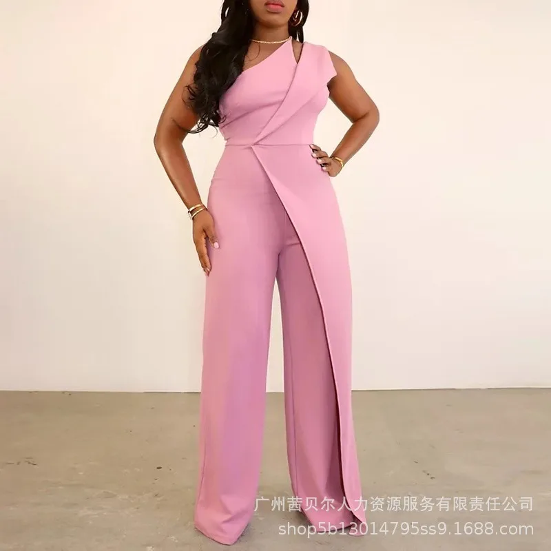 

Wepbel Y2K Oblique Shoulder Irregular Jumpsuit Women Sleeveless One Shoulder High Waist Jumpsuit Straight Wide Leg Pant Jumpsuit