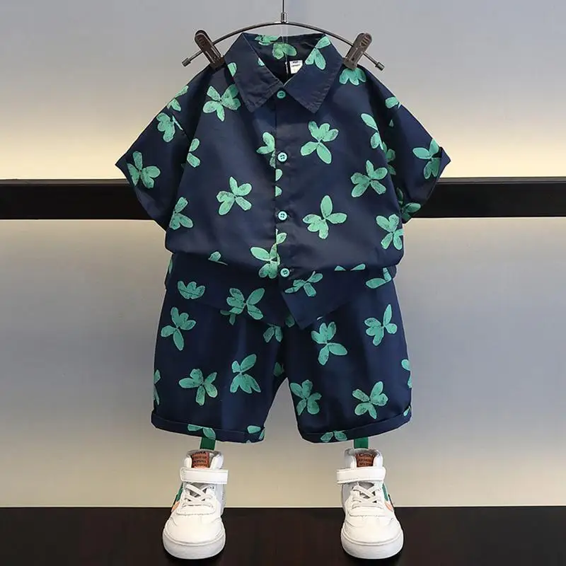 

Children Clothing Summer New Short Sleeve Korean Version Cartoon Pattern Printed Loose Handsome Lapel Trend Cowboy Two Pieces