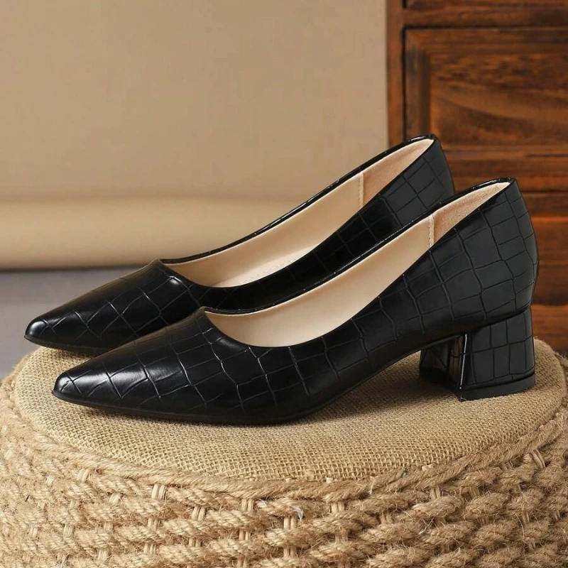 4-センチメートルヒールの女性のファッション快適な石の質感ポインテッドトゥスリッポンパンプスハイエンドブラックドレスシューズレザーサイズ-35-43