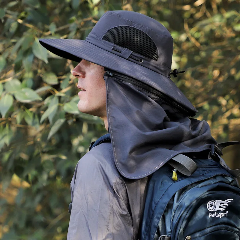 กระบังหน้าปีกกลางแจ้งพร้อมซิปและม่านกันแดดที่ถอดออกได้หมวกถังเดินป่าฤดูร้อนของผู้ชายมีน้ําหนักเบาและระบายอากาศได้