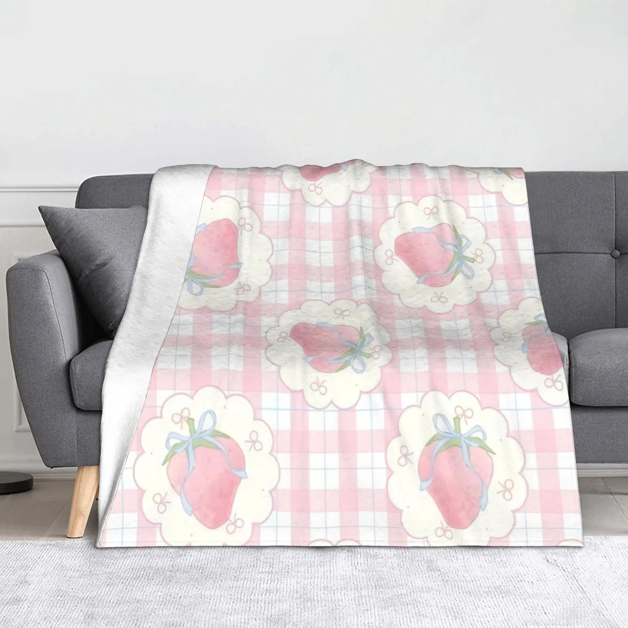 Strawberry Coquette Gingham Kawaii Cottagecore Blanket Flannel Throw Blankets Summer Air Conditioning Decoration Soft Bedspreads