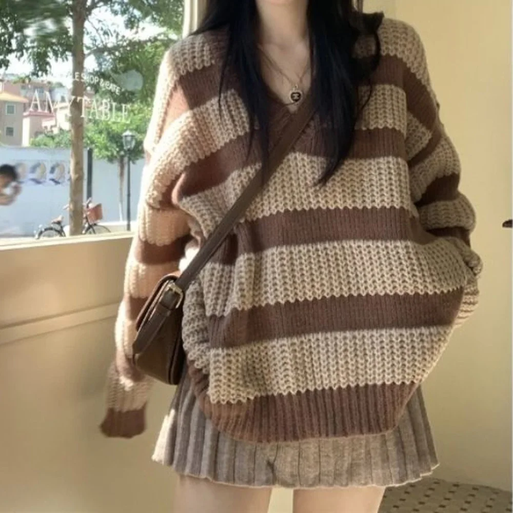 Vintage Brown Striped Sweater Women Harajuku Oversize Pullover Jumper Preppy Jerseys Casual Knitted Tops