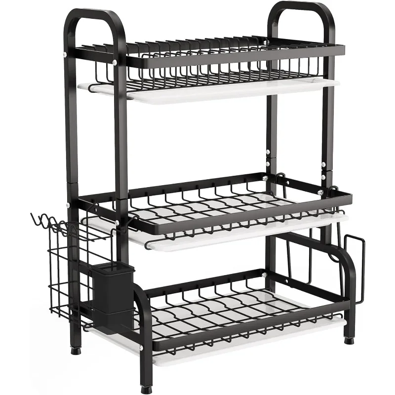 Drying Rack, Metal 3-Tier Large Capacity Dish Rack with Utensil Holder, Cutting Board Holder, Drain Board Tray