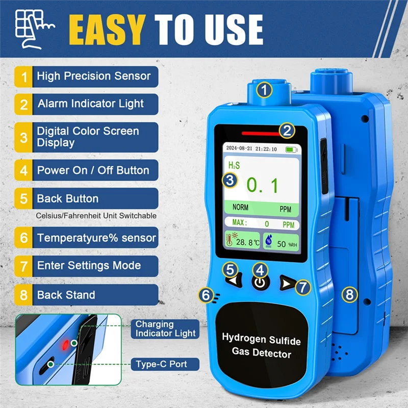 

A26F-US Plug H2S Gas Detector 0-100 PPM, Hydrogen Sulfide Air Quality Meter Monitor With Temp& Humidity, 3 Alarm Modes