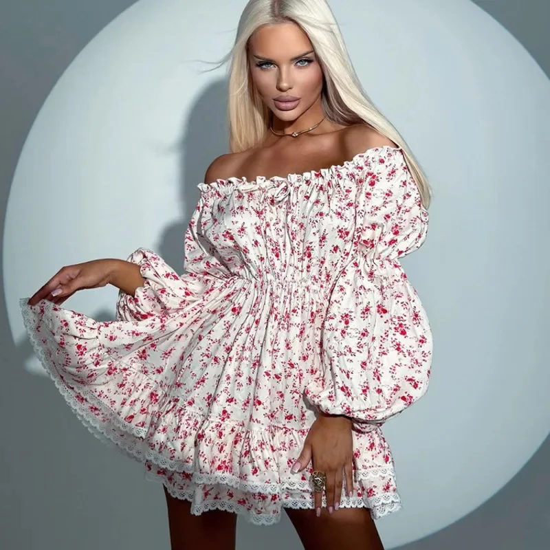 Abito sexy con maniche a sbuffo e spalle scoperte Abito bustier smock aderente con gonna a trapezio con pannello in pizzo a vita alta con stampa di moda