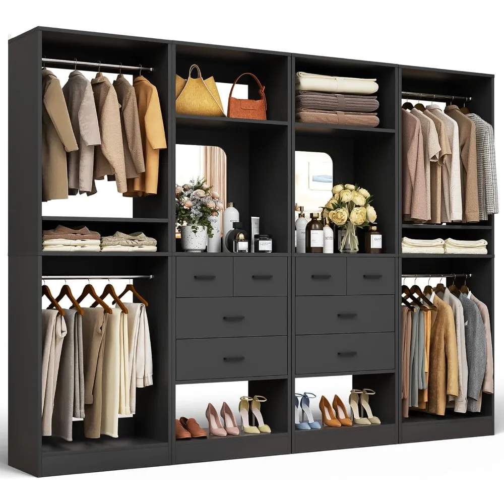 

100” Closet System with Drawers, 8.3FT Wood Closet Organizer with Hanging Rods and Mirror Design, Sturdy Closet Tower,Black