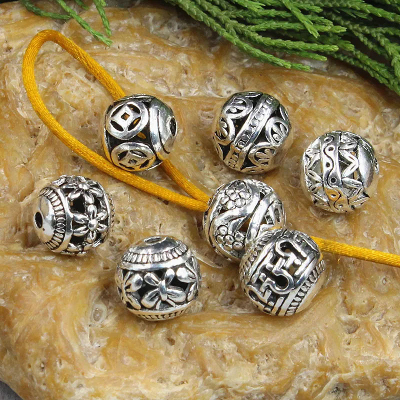 10pcs Vintage Tibetan Silver Hollow Pattern Round Spacer Beads 8mm Multi Figures Metal Jewelry Beads Prayer Charms DIY Bracelets