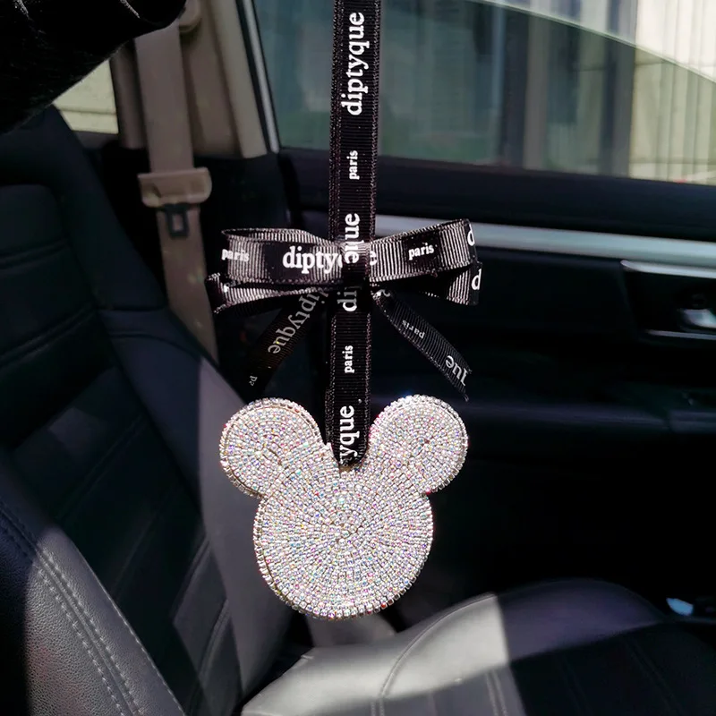 الماس حجر الراين الكرتون ميكي رئيس سيارة الحلي الكريستال سيارة مرآة معلقة الديكور جرس مزدوج قلادة النساء