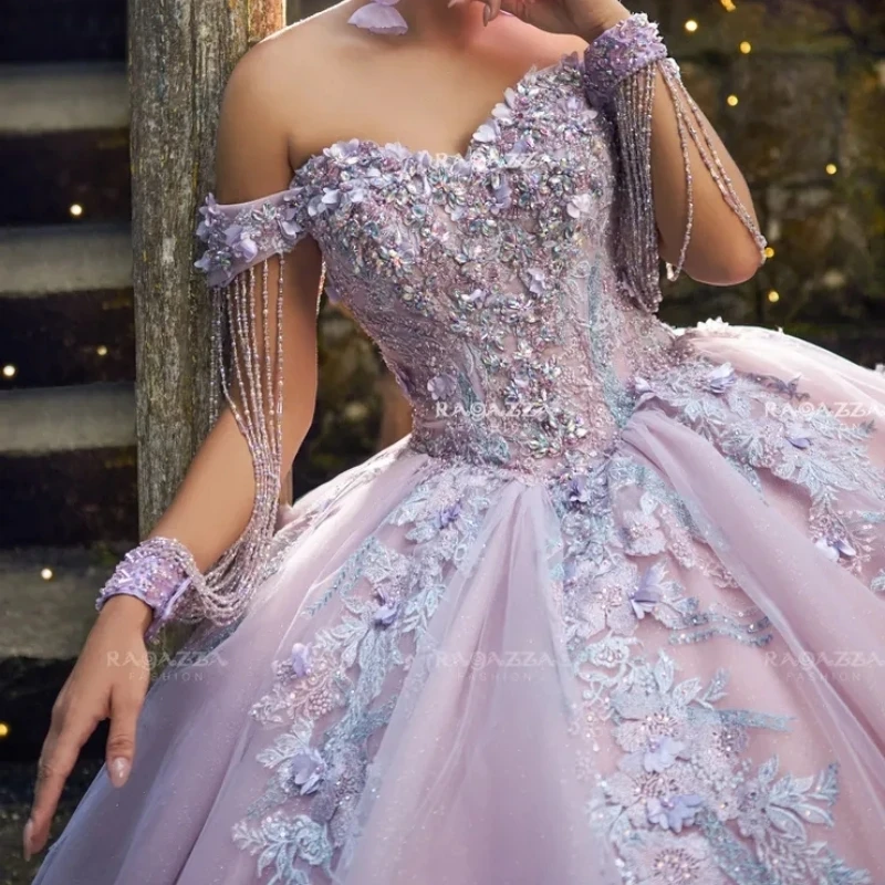 Sparkly Lilac Ball Gown Quinceanera Dress Elegant Luxury Prom Dresses 3D Floral Appliques Lace Beads Tull Party Birthday vestido