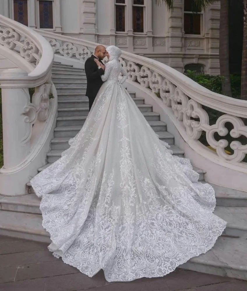 Robe de Mariée Élégante à Col Haut et Manches sulf, Tenue Musulmane en Dentelle, avec des Appliques, pour les Patients, quel que soit le Luxe de Dubaï, à Volants, sur Mesure, 2024