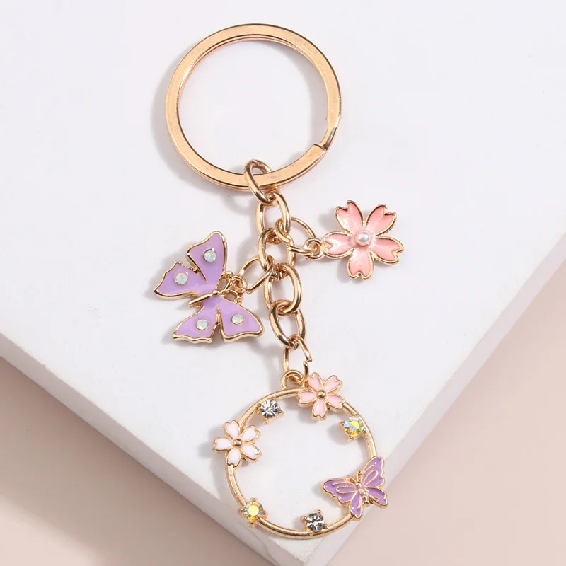 Cute Enamel Keychain Butterfly Sakura Flower Key Ring Garden Key Chains Friendship Gifts For Women Girls DIY Handmade Jewelry