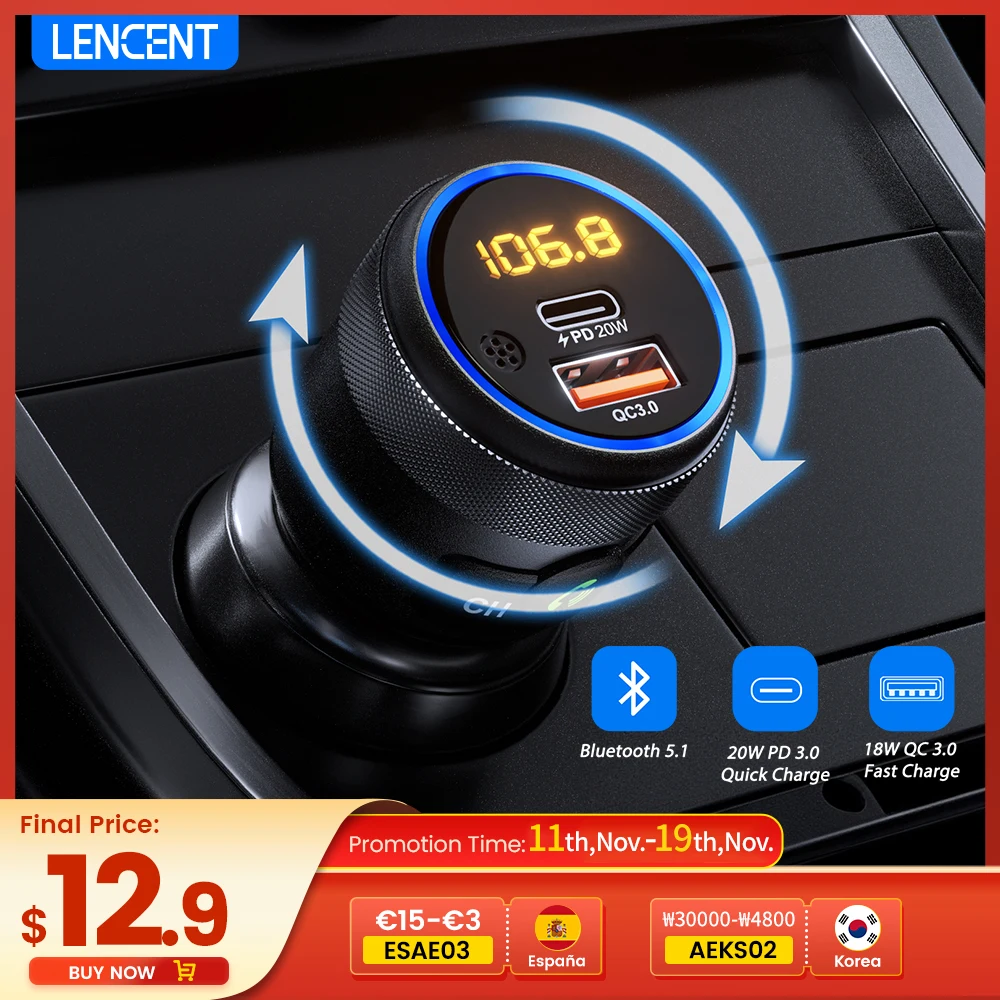 

LENCENT FM Transmitter Modulator Car Bluetooth 5.1 withType C PD 20W and QC3.0 18W Car Fast Charger MP3 Player Radio Transmitter
