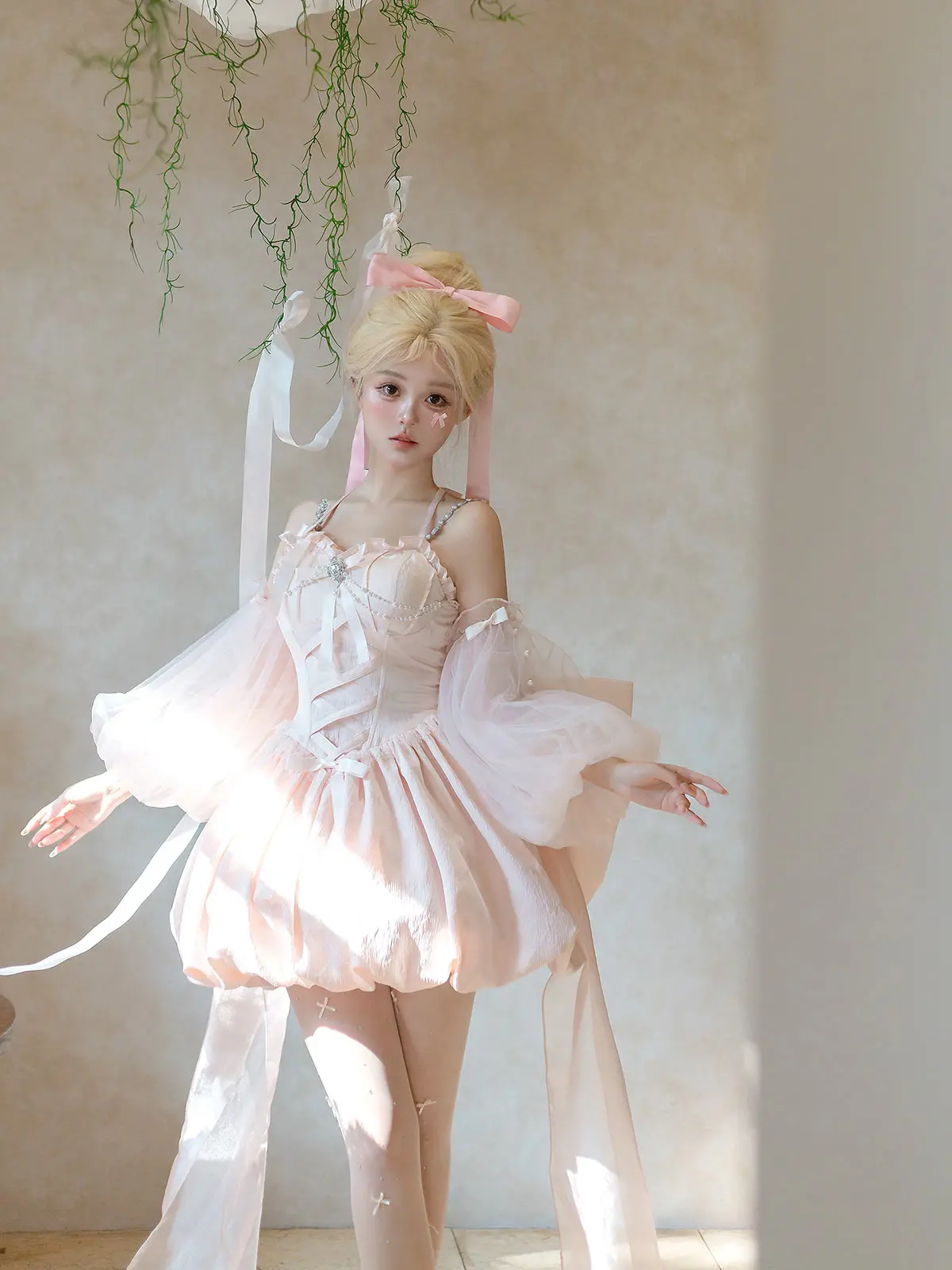 Temperament Princess Lolita Sexy Sweet Jsk Princess Dress Pink V-neck Lace-up High Waist A-line Ballet Fairy Suspender Dresses