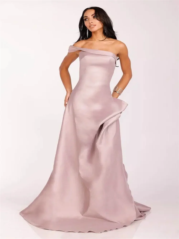 Customized One Shoulder Neckline Sleeveless Satin Mermaid Evening Dress Sexy Back Zipper Floor Length Sweep Train Gown For Women