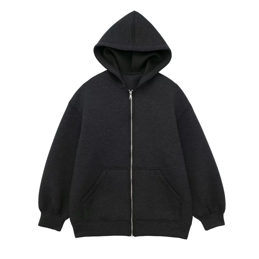 PB&ZA2023 Autumn New Women\'s Long Sleeve Zipper Style Versatile Casual Loose Hooded Women\'s Jacket Coat