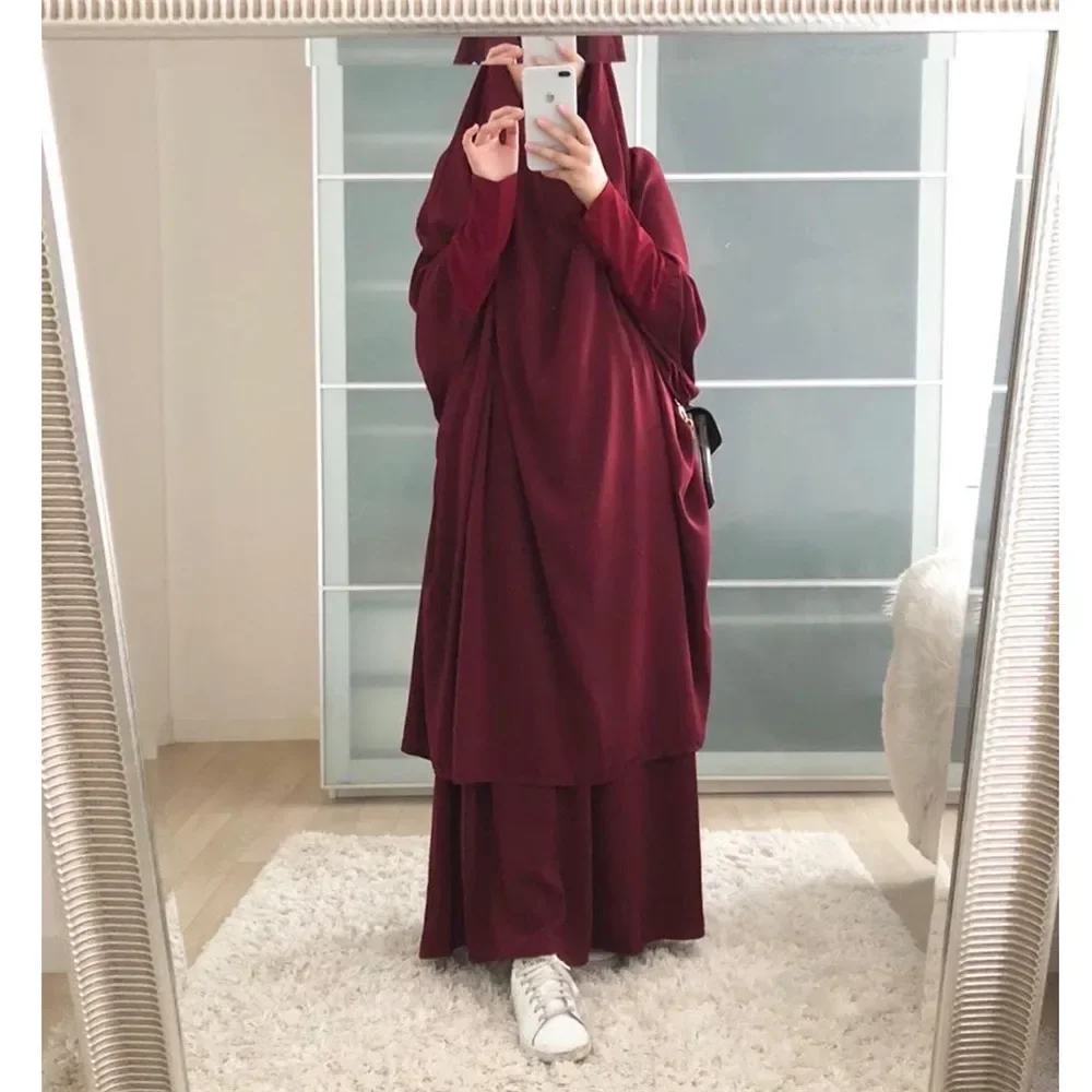 Elegant 2pcs Muslim Khimar Abaya Set Full Cover Khimar Skirt Islamic Prayer Burka Niqab Dubai Women Soild Color Kaftan Dubai