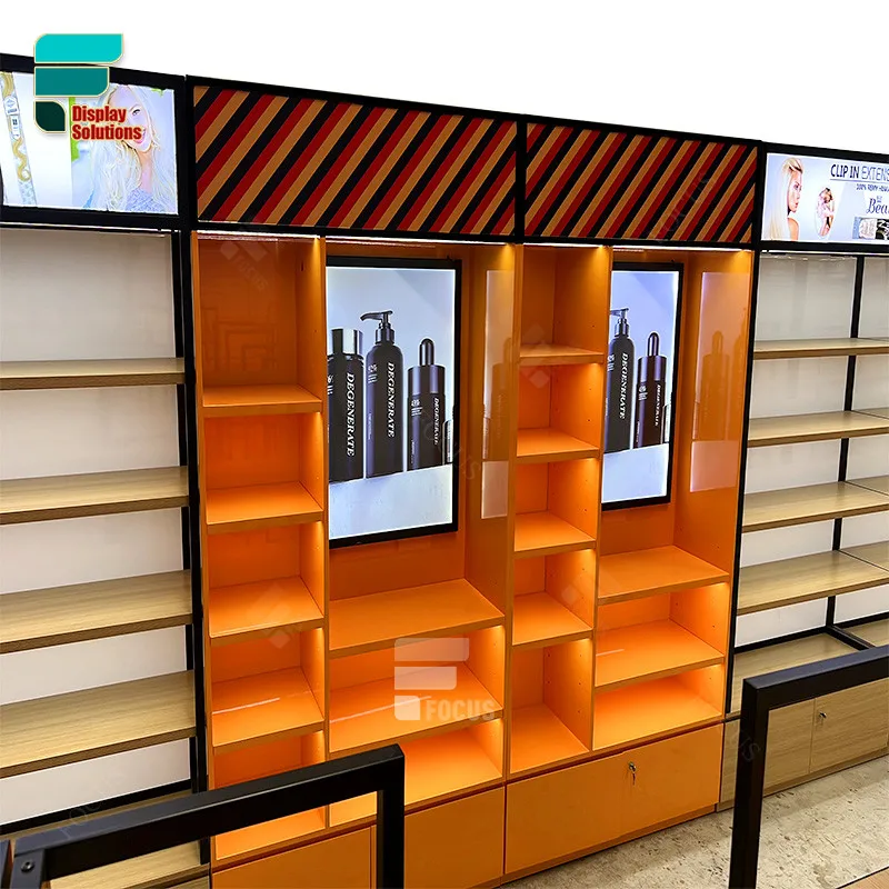 Customized-salon display cabinet hair display shelve wig shop decoration design