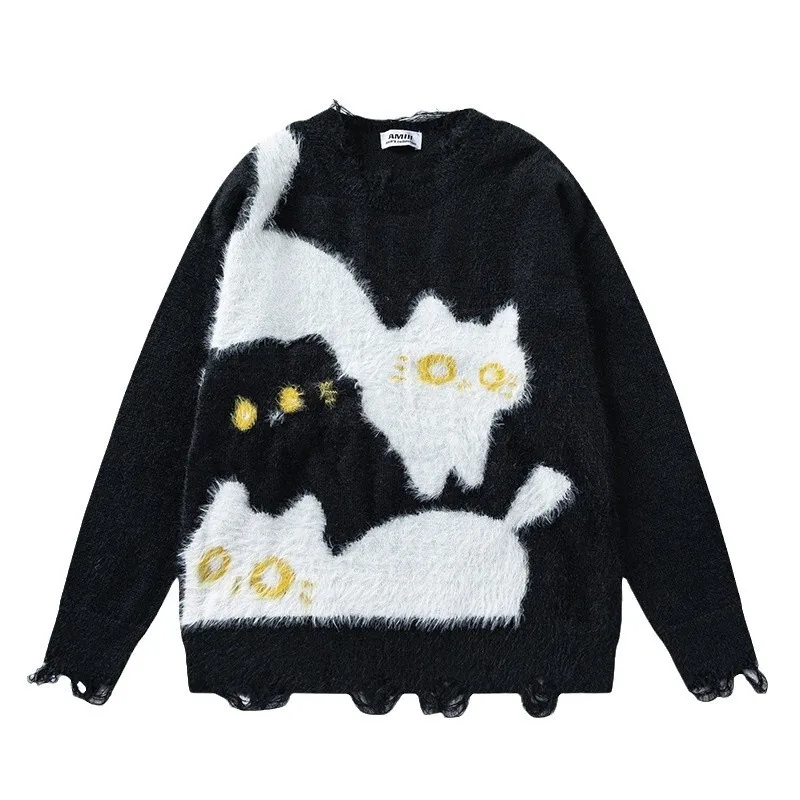 Unisex Knitting Sweater 2025 Spring Autumn New Retro Cat Print Sweater Preppy Cute Unisex Loose Casual Versatile Knit Top