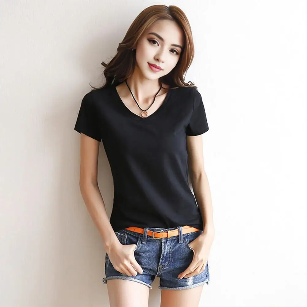 Women T-shirt Stylish Women's V-neck Summer T-shirt Slim Fit Solid Color Pullover Tops for Streetwear Fashionistas Summer Slim