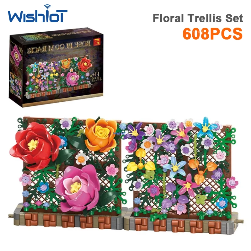608pcs Flower Basket Rose Bloom Rack Garden Fence Floral Brick Set Creative Model DIY Assembly Toy Home Decor Girl Gift